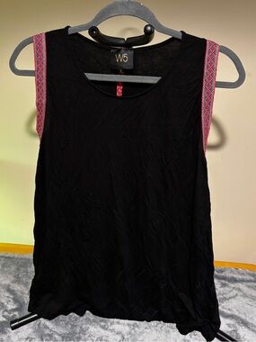 W5 Black Tank Top with Pink Woven Shoulder Trim